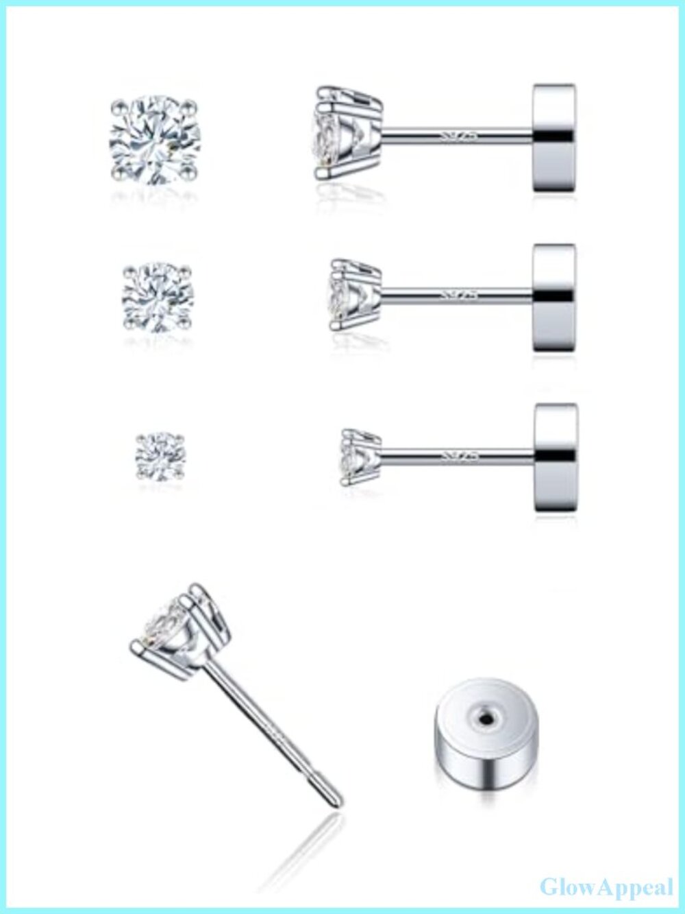 Moissanite Flatback Stud Earrings Set for Women, 925 Sterling Silver - 3 Pairs